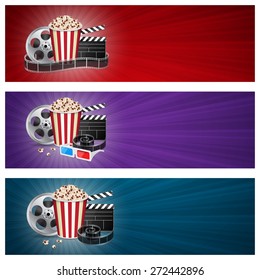 Abstract movie banners. Cinema concept with popcorn, reel, filmstrip and film clapper. EPS10 vector