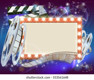 An abstract movie cinema film sign with light bulbs sign clapperboard and film reel