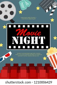 Abstract Movie Night Cinema Flat Background with Reel, Old Style Ticket, Big Pop Corn and Clapper Symbol Icons. Vector Illustration EPS10