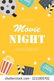 Abstract Movie Night Cinema Flat Background with Reel, Old Style Ticket, Big Pop Corn and Clapper Symbol Icons. Vector Illustration EPS10