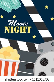 Abstract Movie Night Cinema Flat Background with Reel, Old Style Ticket, Big Pop Corn and Clapper Symbol Icons. Vector Illustration EPS10