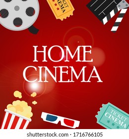 Abstract Movie Night Cinema Flat Background with Reel, Old Style Ticket, Big Pop Corn and Clapper Symbol Icons. Vector Illustration EPS10