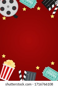 Abstract Movie Night Cinema Flat Background with Reel, Old Style Ticket, Big Pop Corn and Clapper Symbol Icons. Vector Illustration EPS10