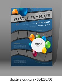 abstract movie poster template with film strips and colorful balloons