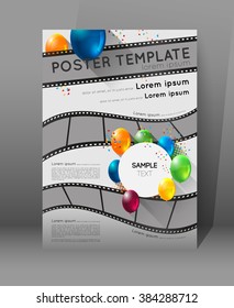 abstract movie poster template with film strips and colorful balloons