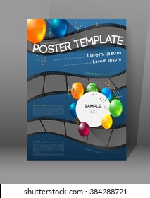 abstract movie poster template with film strips and colorful balloons