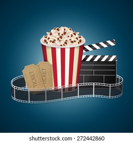 Abstract movie template. Cinema concept with popcorn, reel and film clapper. EPS10 vector