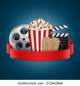 Abstract movie template. Cinema concept with popcorn, reel, film clapper and vintage ticket. EPS10 vector