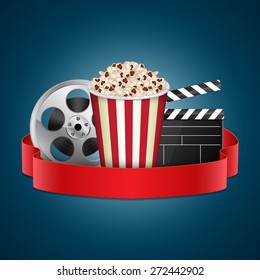 Abstract movie template. Cinema concept with popcorn, reel and film clapper. EPS10 vector