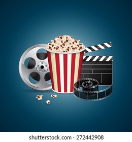 Abstract movie template. Cinema concept with popcorn, reel, filmstrip and film clapper. EPS10 vector