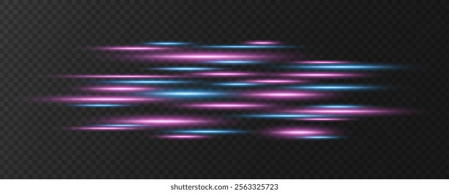 Abstract moving laser beams isolated on dark transparent background. Light effect. Lens flare and glare. Glowing dynamic rays. Vector illustration. EPS 10