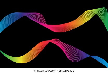 Abstract moving lines. Wavy graphics. Tape on a black background. Rainbow