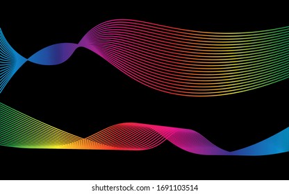 Abstract moving lines. Wavy graphics. Tape on a black background. Rainbow