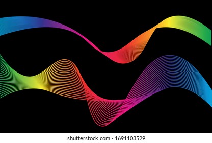 Líneas en movimiento abstractas. Gráficos ondulados. Cinta en un fondo negro. Arcoiris