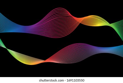 Líneas en movimiento abstractas. Gráficos ondulados. Cinta en un fondo negro. Arcoiris