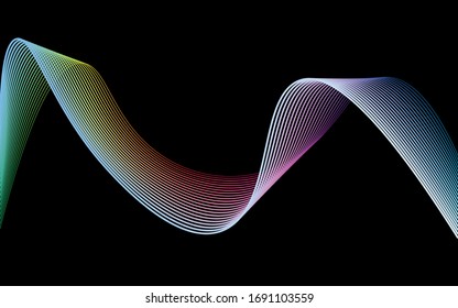Abstract moving lines. Wavy graphics. Tape on a black background. Rainbow