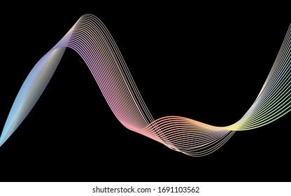 Abstract moving lines. Wavy graphics. Tape on a black background. Rainbow