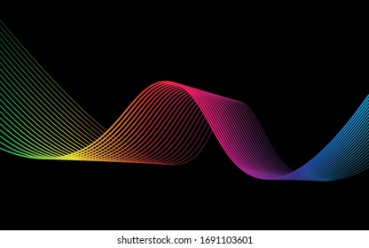 Abstract moving lines. Wavy graphics. Tape on a black background. Rainbow