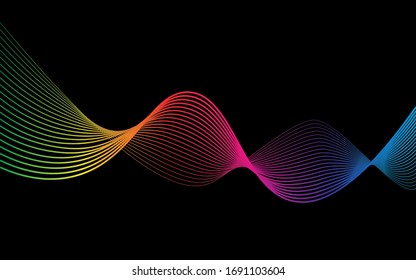 Líneas en movimiento abstractas. Gráficos ondulados. Cinta en un fondo negro. Arcoiris