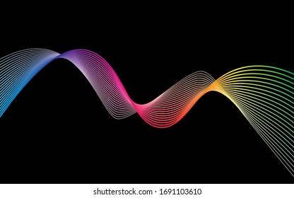 Abstract moving lines. Wavy graphics. Tape on a black background. Rainbow