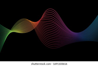 Abstract moving lines. Wavy graphics. Tape on a black background. Rainbow