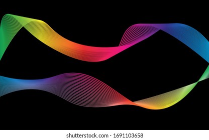 Abstract moving lines. Wavy graphics. Tape on a black background. Rainbow