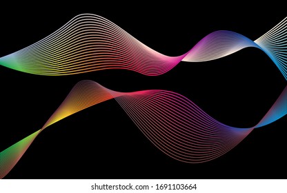 Abstract moving lines. Wavy graphics. Tape on a black background. Rainbow