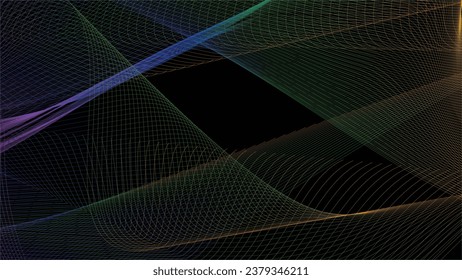 Abstract moving lines. Wavy graphics. Tape on a black background. Rainbow