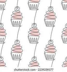 Abstract muffin cupcake line icon seamless pattern vector. Trendy linear backdrop. Outline continuous illustration. Wallpaper, background, fabric, textile, print, wrapping paper or package design.