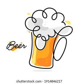 Abstract mug of beer, drawn by a solid line on a white background. Menu concept for a bar or restaurant 