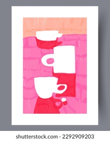 Abstract mugs surreal breakfast wall art print. Contemporary decorative background with breakfast. Printable minimal abstract mugs poster. Wall artwork for interior design.