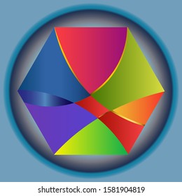 Abstract multi color artwork with a hexagon wrap themed shape in circular frame with depth illusion.