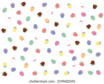 Abstract multi colored cupcakes scattered across the page on a white background. Suitable for making gift wrapping paper, 
 cards, backdrop, background.