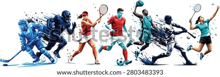 Abstract Multi Sport Athlete Collection Polygon and Grunge Action Players Dynamic Sports Illustration Set Isolated on White Background