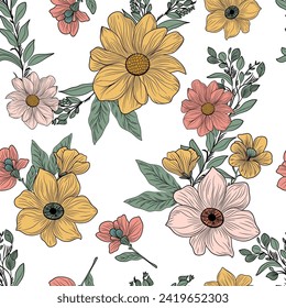 abstraktes, mehrfarbiges Blumen-Motiv-Arrangement mit mittlerem Ton, alles in Vektordesign mit digitalem Hintergrund-Bild zur Umhüllung von Papier oder Stoffdruck