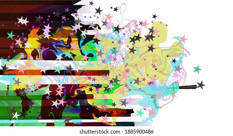 Abstract multicolor bright curves, lines and stars holiday festive background isolated on while at one side layered eps10 vector illustration. Add your own text under one of the template layers.