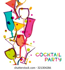 Abstract multicolor cocktail glasses. Watercolor seamless vertical vector white background. Creative concept for bar menu, party, alcohol drinks, holidays, flyer, brochure, poster, banner. 