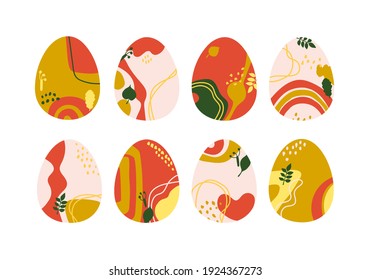 Abstract multicolor composition in the shape of an egg. Set of decorative Easter eggs. Spots, blots, leaves, illustration for design. Isolated over white background.