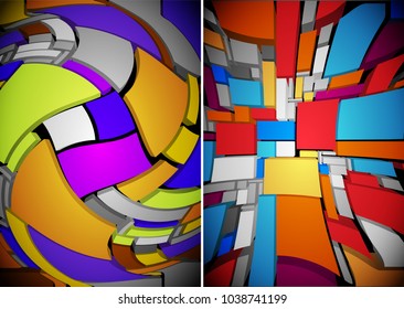 Abstract multicolor composition of three parts, consisting of three-dimensional elements. Highly realistic illustration.