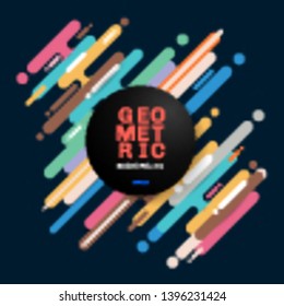 Abstract multicolor diagonal rounded shapes lines transition on dark background with black circle label. Element halftone style bright color. Vector illustration