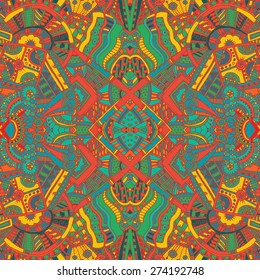 Abstract multicolor ethnic ornamental hand drawn doodle seamless pattern in vector. Endless texture background in tribal style for textile, paper and web.