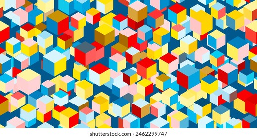 Abstract multicolor flying 3d cubes seamless pattern. Geometric vector background. Futuristic optical illusion
