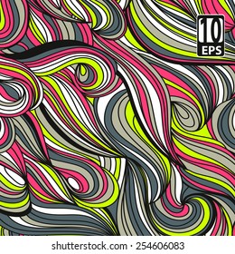 Abstract multicolor hand-drawn waves texture, wavy background. Vector illustration.