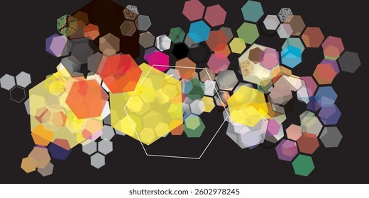 Abstract multicolor hexagon overlap geometric technology on black design modern futuristic background vector modern illustration.