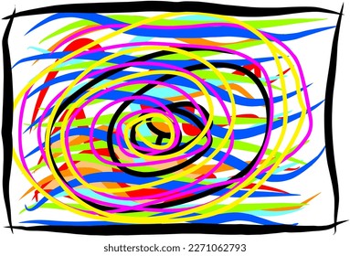 Abstract multicolor horizontal and spiral lines artwork on white background.