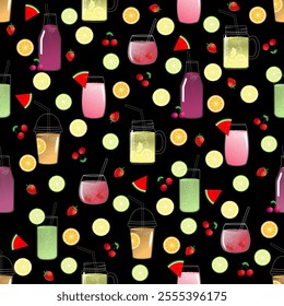 Abstract multicolor juice of various fruits in different cups or glasses, hand drawn doodle seamless pattern on black background.