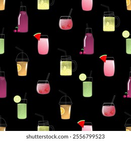 Abstract multicolor juice of various fruits in different cups or glasses, hand drawn doodle seamless pattern on black background.
