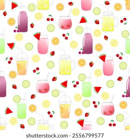 Abstract multicolor juice of various fruits in different cups or glasses, hand drawn doodle seamless pattern on white background.