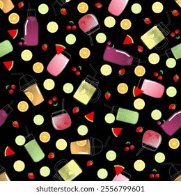 Abstract multicolor juice of various fruits in different cups or glasses, hand drawn doodle seamless pattern on black background.
