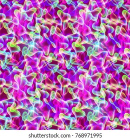 Abstract multicolor liquid vector seamless pattern. Colorful fluid overlapping shapes on purple background. Glowing neon lights illustration.